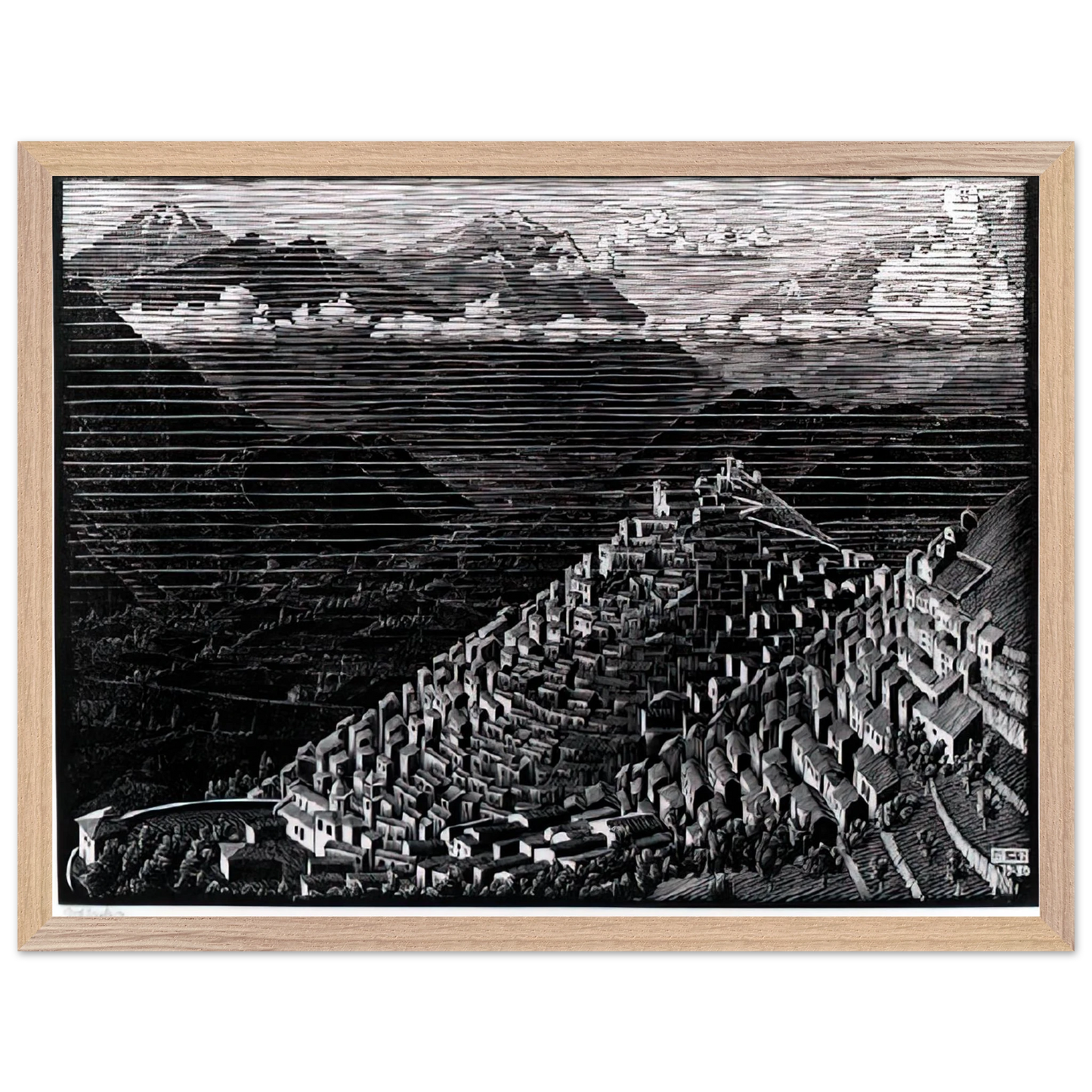 MC Escher - MORANO CALABRIA Wall Art - 30x40 cm / 12x16 inches - Premium Wooden Framed Poster With Fine Art Paper - Wood frame
