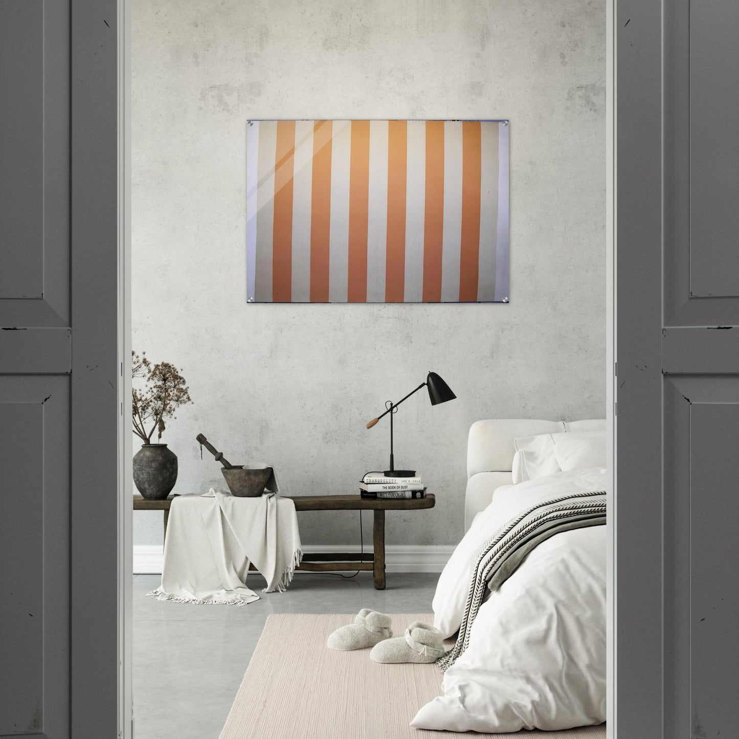 Peinture acrylique blanche sur tissu rayé blanc et orange - 1967 - Daniel Buren Acrylic Print - 70x100 cm / 28x40″ inches
