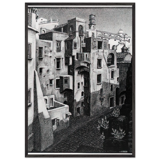 DILAPIDATED HOUSES IN ATRANI 1931 - MC Escher 70x100 cm / 28x40 inches Framed Art Print – Black Wooden Frame | Maurits Cornelis Escher Prints