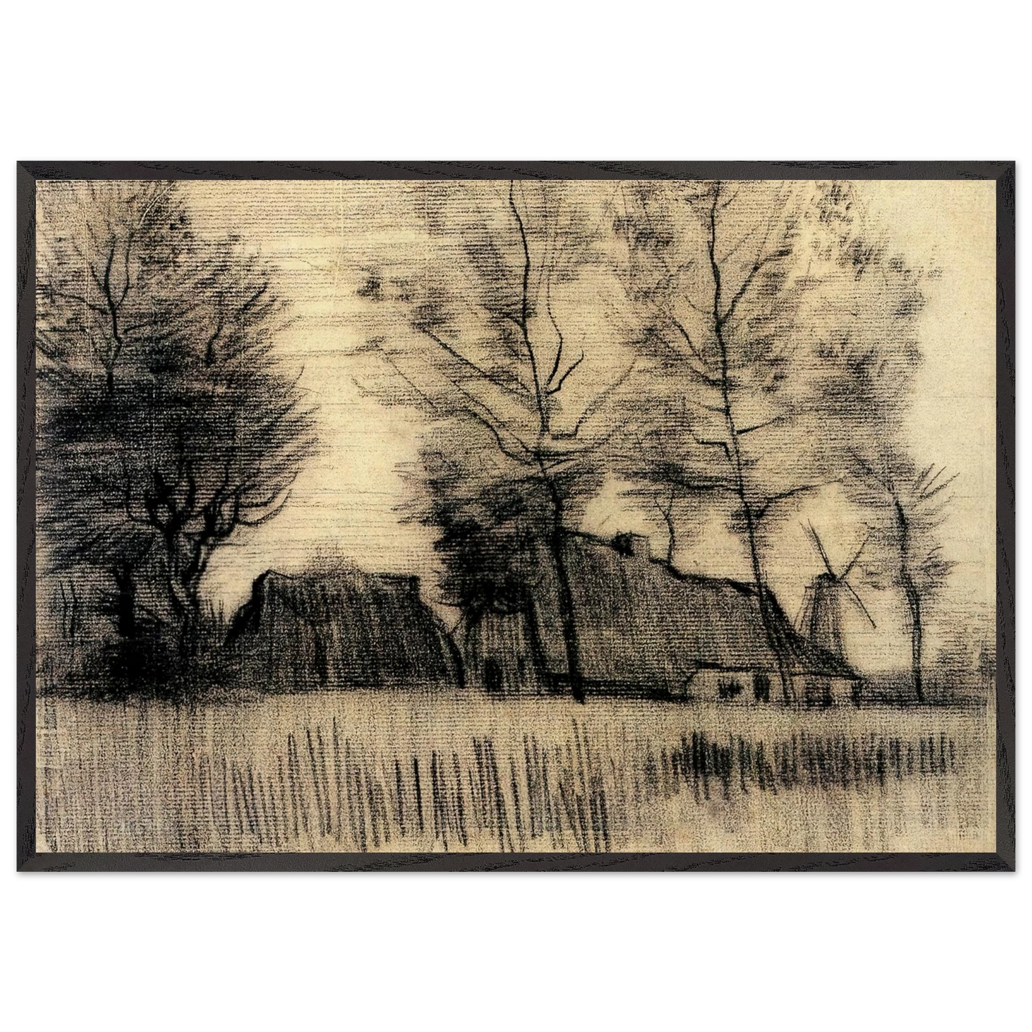 Landscape with Cottages and a Mill - Vincent van Gogh 70x100 cm / 28x40 inches Framed Art Print – Black Wooden Frame