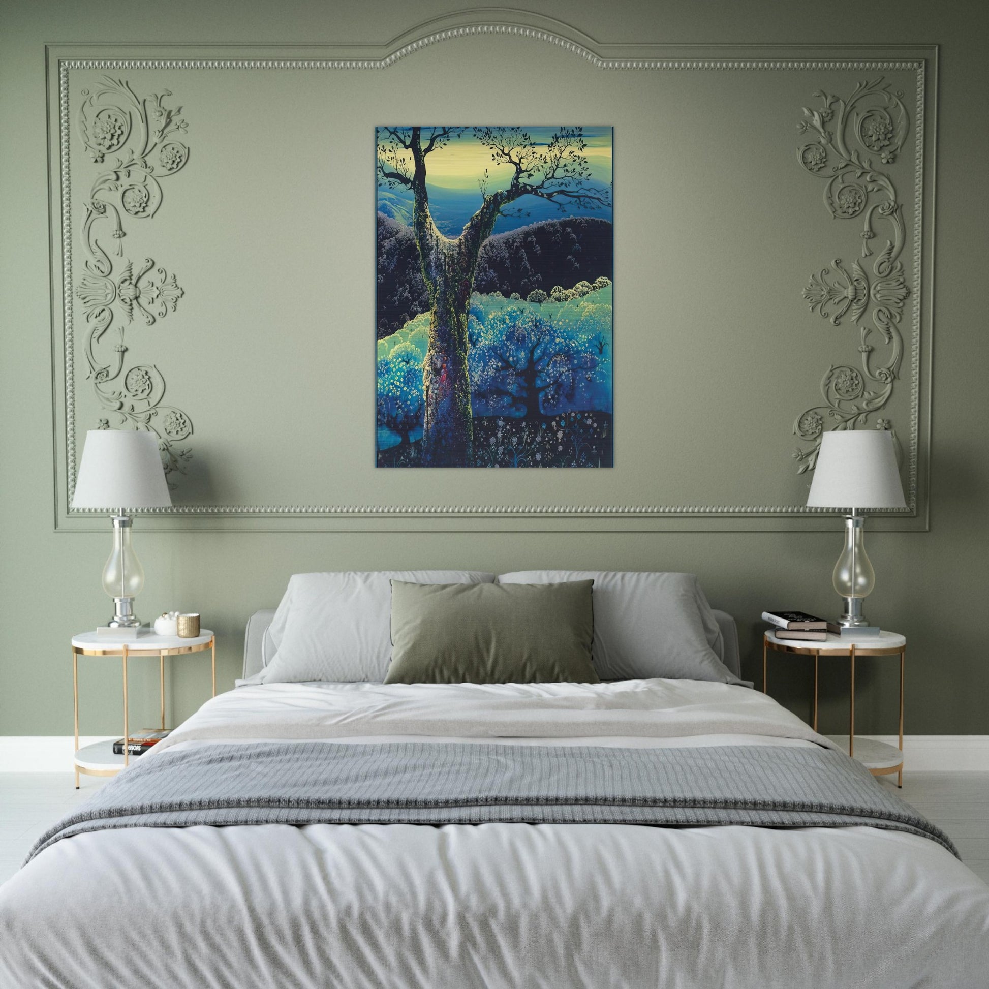 Orchard in Bloom - Eyvind Earle Brushed Aluminum Print - 70x100 cm / 28x40 inches | Eyvind Earle Aluminum Print | Eyvind Earle Prints