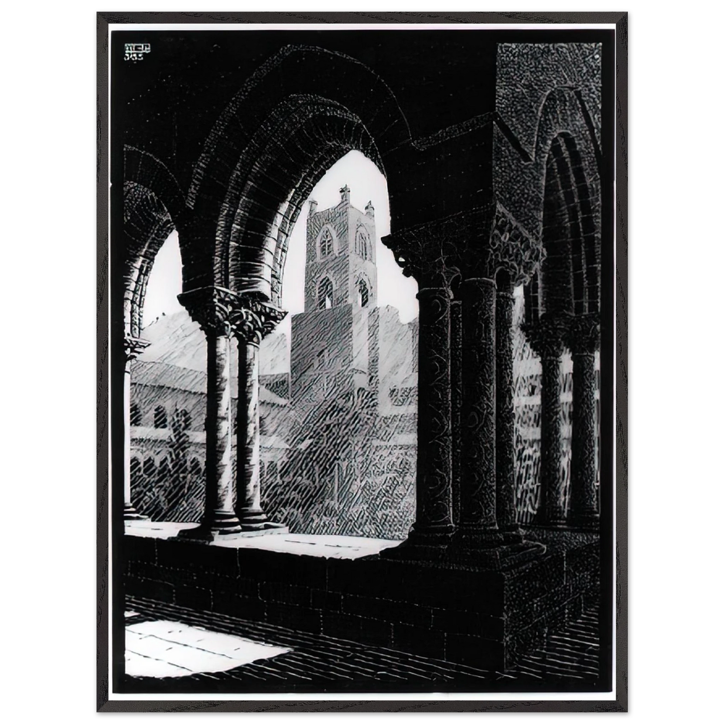 MC Escher - CLOISTER OF MONREALE SICILY Wall Art - 60x80 cm / 24x32 inches - Premium Wooden Framed Poster With Fine Art Paper-canvas - Black frame