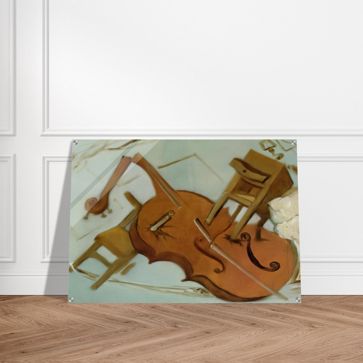 BED CHAIR AND BEDSIDE TABLE FEROCIOUSLY ATTACKING A CELLO - Salvador Dali Acrylic Print - 70x100 cm / 28x40″ inches | Salvador Dali Wall Art | Salvador Dali Prints