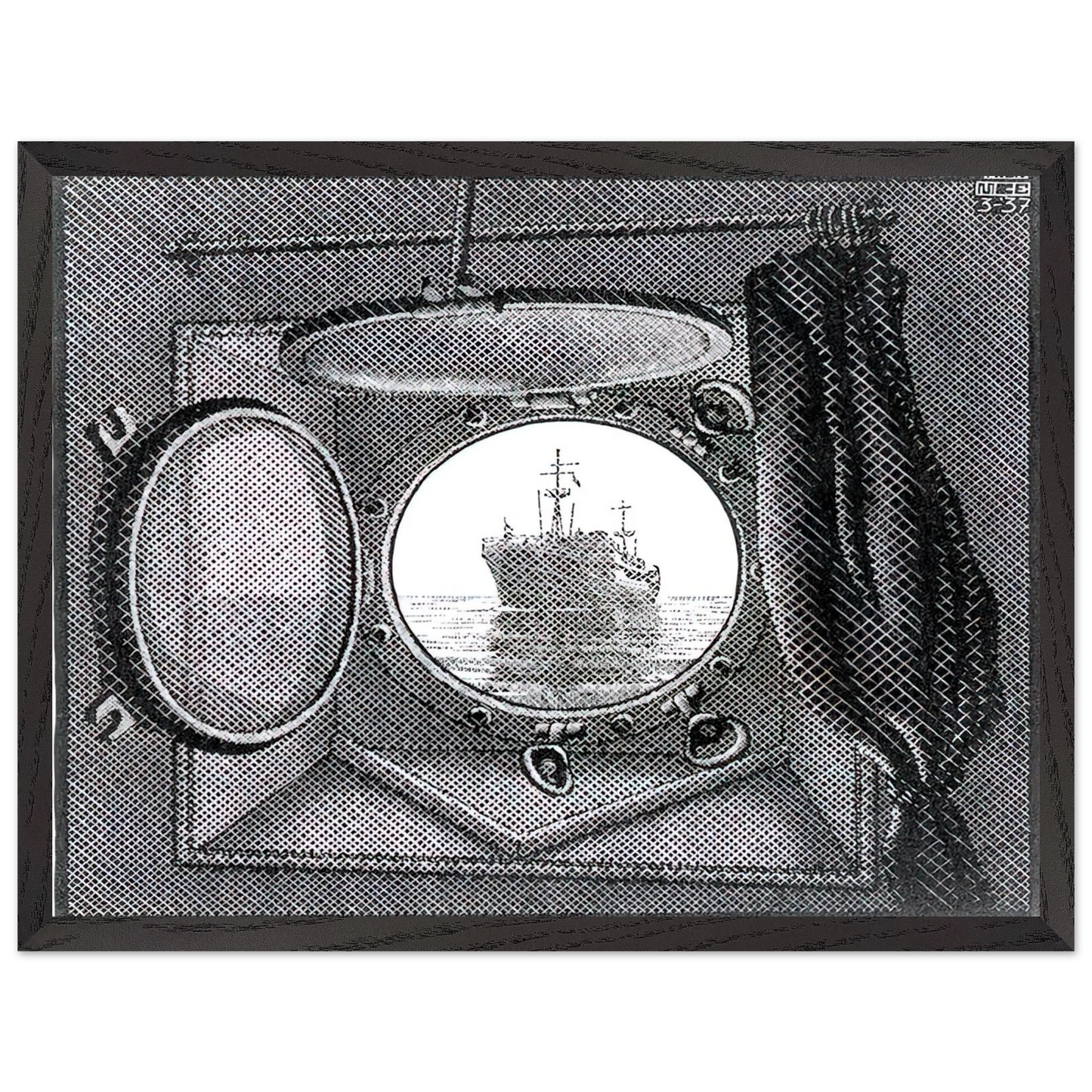 MC Escher - PORTHOLE Wall Art - 21x29.7 cm / 8x12" - Premium Wooden Framed Poster With Fine Art Paper-canvas - White frame