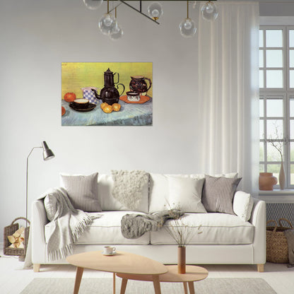 Still Life with Blue Enamel Coffeepot, Earthenware and Fruit - Vincent van Gogh Brushed Aluminum Print - 70x100 cm / 28x40 inches | Vincent van Gogh Aluminum Print | Vincent van Gogh Prints