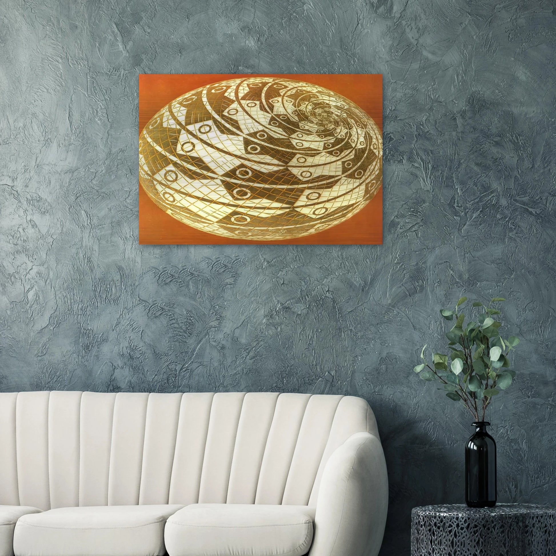 SPHERE SURFACE WITH FISHES COLOUR - MC Escher Brushed Aluminum Print - 70x100 cm / 28x40 inches | MC Escher Aluminum Print | MC Escher Prints