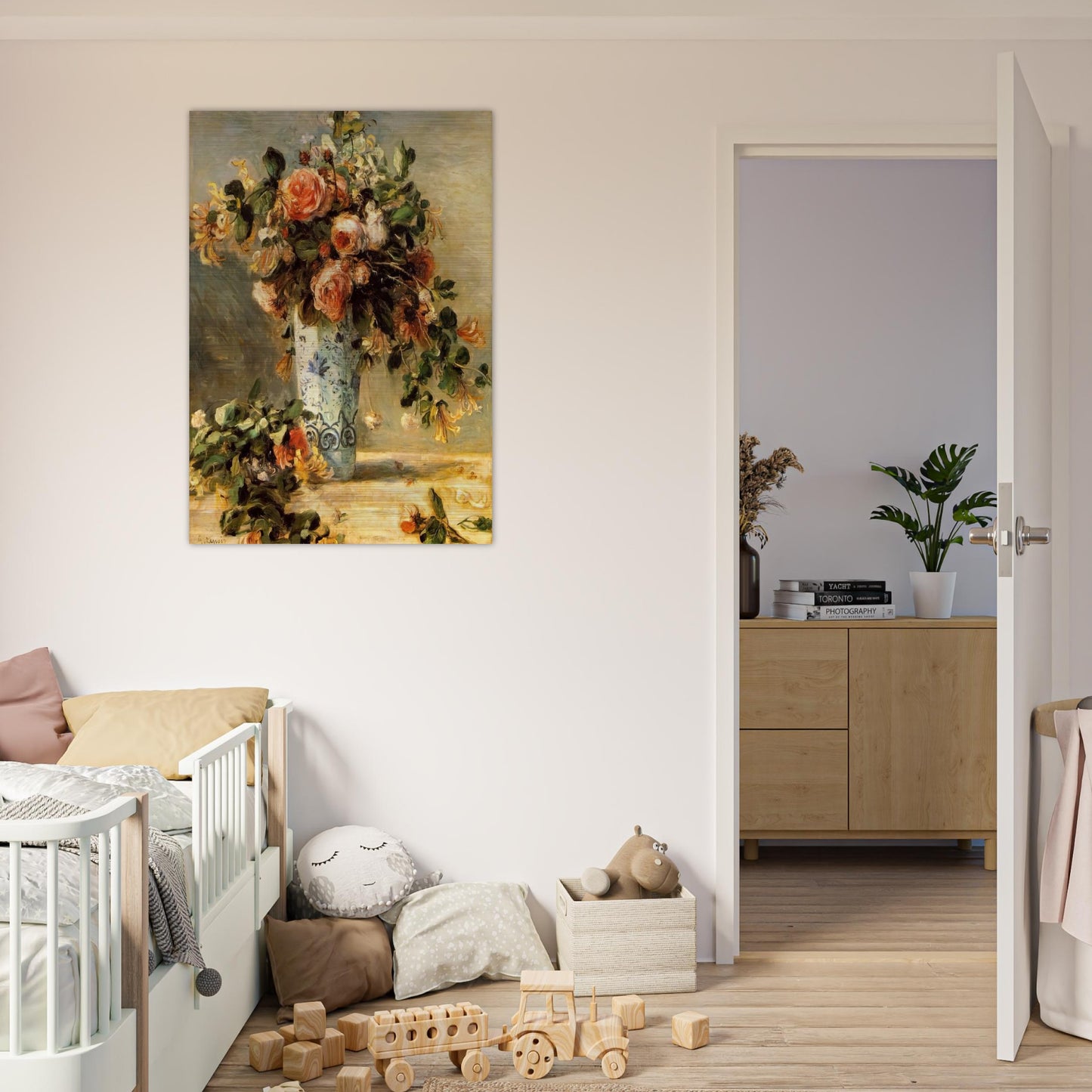 Roses and Jasmine in a Delft Vase - Pierre-Auguste Renoir Brushed Aluminum Print - 70x100 cm / 28x40 inches | Pierre-Auguste Renoir Aluminum Print | Pierre-Auguste Renoir Prints