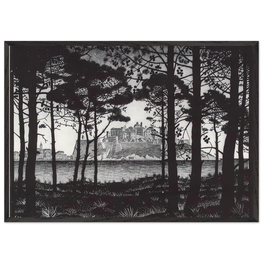 PINETA OF CALVI CORSICA - MC Escher 70x100 cm / 28x40 inches Framed Art Print – Black Wooden Frame | Maurits Cornelis Escher Prints