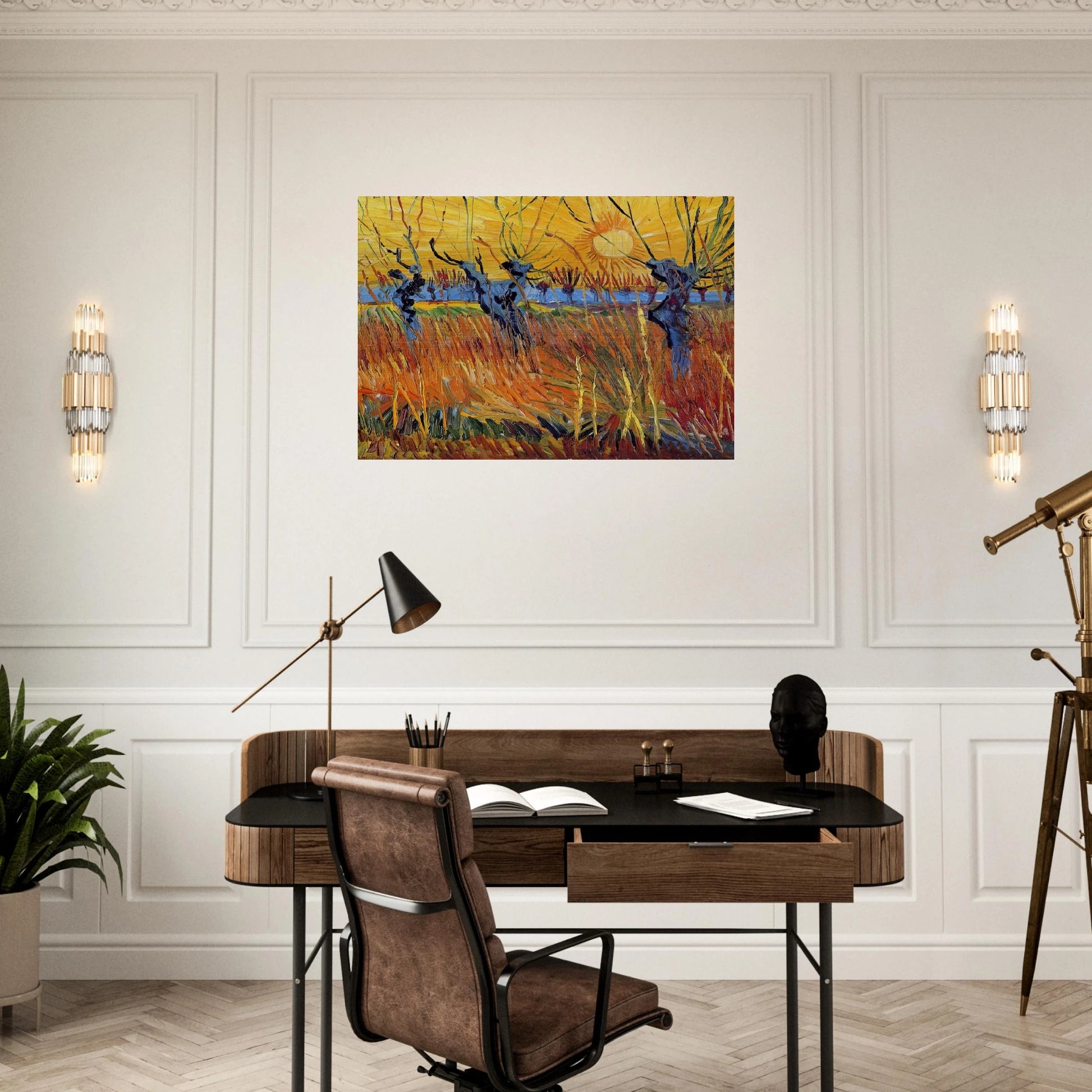Pollard Willows and Setting Sun - Vincent van Gogh Brushed Aluminum Print - 70x100 cm / 28x40 inches | Vincent van Gogh Aluminum Print | Vincent van Gogh Prints