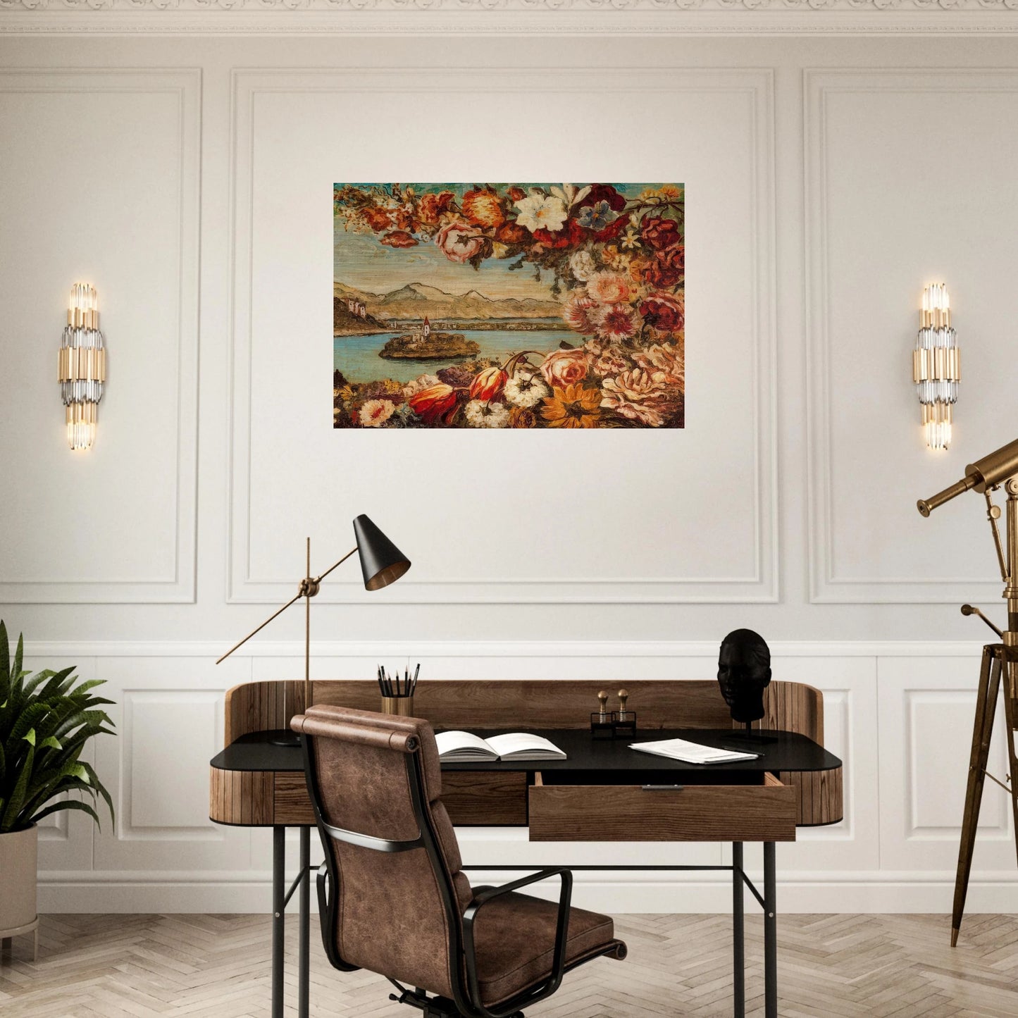 ISLAND AND FLOWER GARLAND - Giorgio de Chirico Brushed Aluminum Print - 70x100 cm / 28x40 inches | Giorgio de Chirico Aluminum Print | Giorgio de Chirico Prints