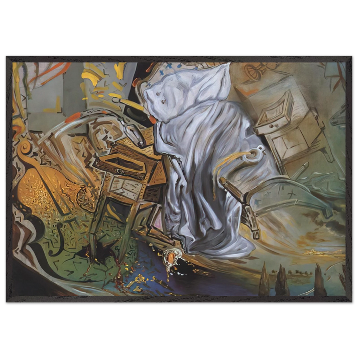 BED AND TWO BEDSIDE TABLES FEROCIOUSLY ATTACKING A CELLO FINAL STAGE - Salvador Dali 70x100 cm / 28x40 inches Framed Art Print – Black Wooden Frame