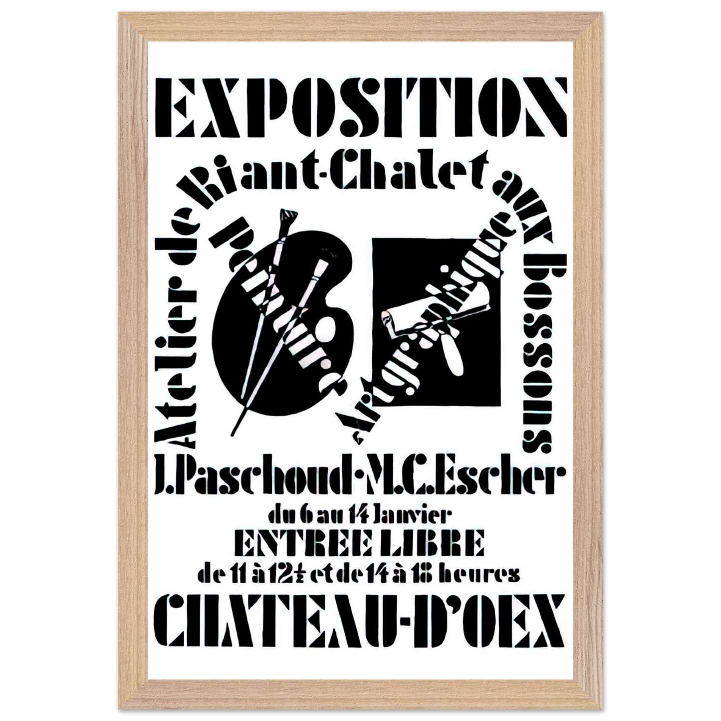 MC Escher - POSTER FOR EXHIBITION JOHN PASCHOUD AND M C ESCHER DECEMBER 1936 1936 Wall Art - 30x40 cm / 12x16 inches - Premium Wooden Framed Poster With Fine Art Paper - White frame