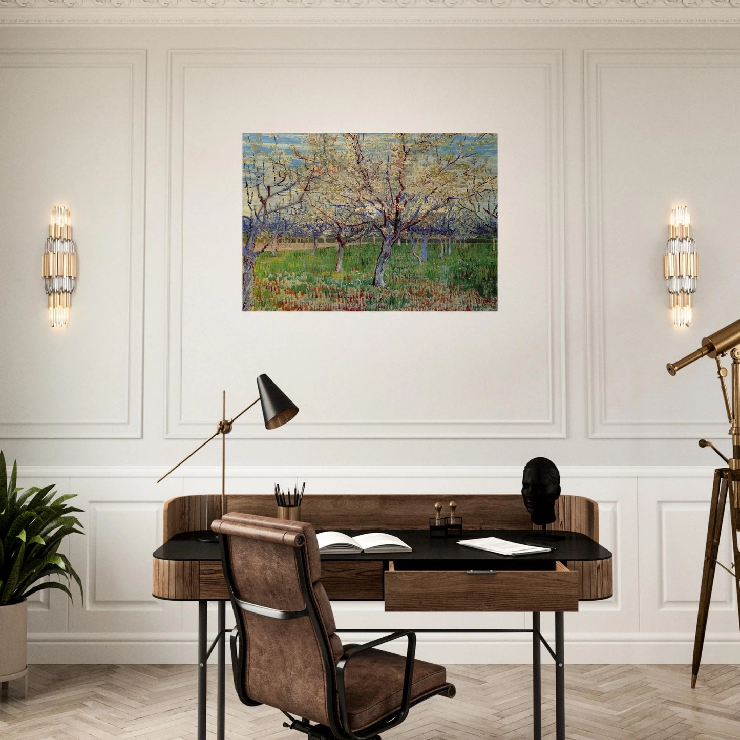 Orchard with Blossoming Apricot Trees - Vincent van Gogh Brushed Aluminum Print - 70x100 cm / 28x40 inches | Vincent van Gogh Aluminum Print | Vincent van Gogh Prints
