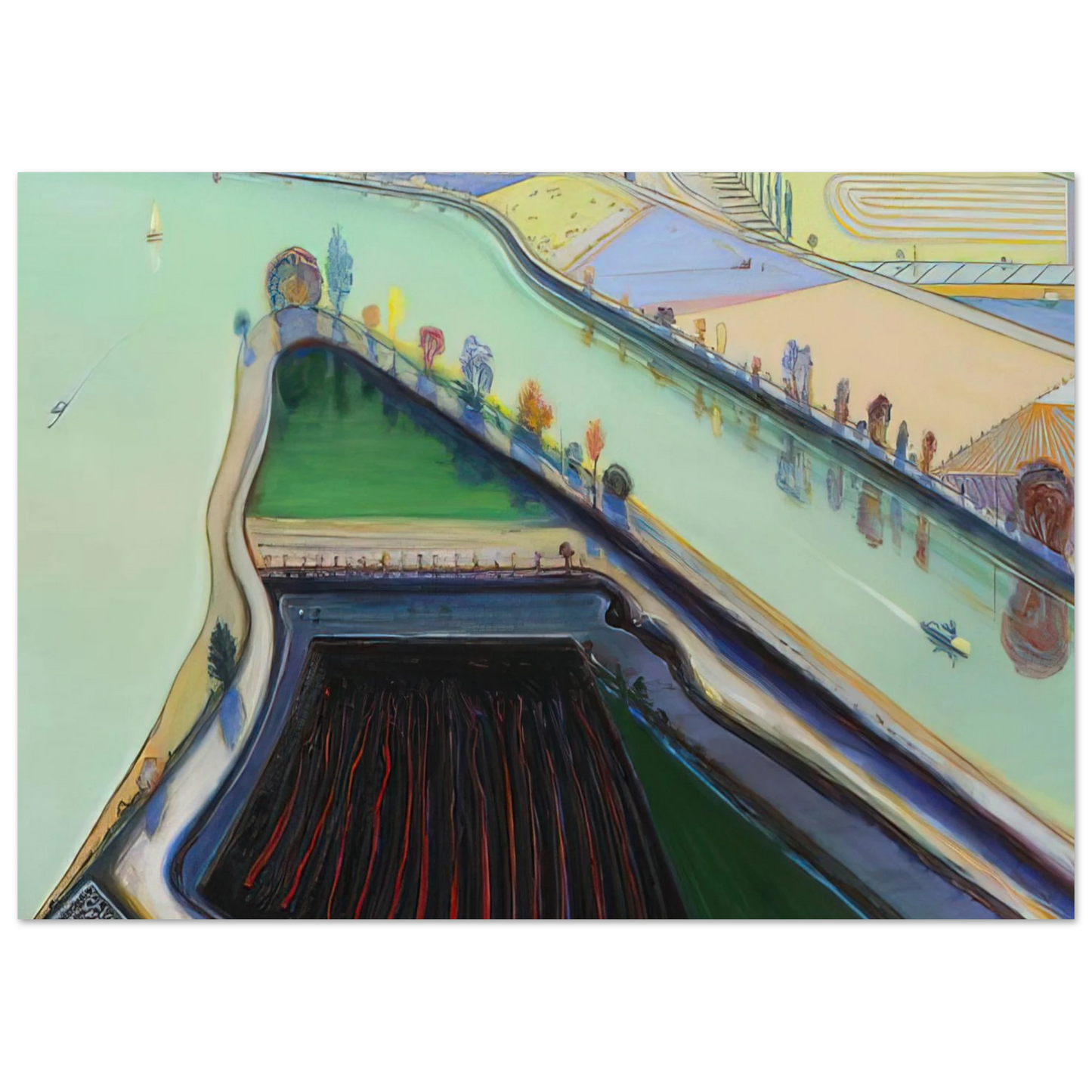 Wayne Thiebaud - River Boats - 2001 Wall Art - 60x80 cm / 24x32 inches - Premium Wooden Framed Poster With Fine Art Paper-canvas - White frame