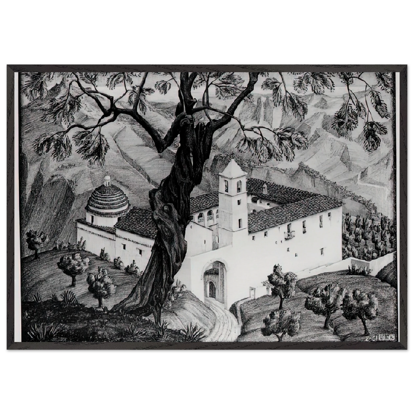 CLOISTER NEAR ROCCA IMPERIALE CALABRIA - MC Escher 70x100 cm / 28x40 inches Framed Art Print – Black Wooden Frame | Maurits Cornelis Escher Prints