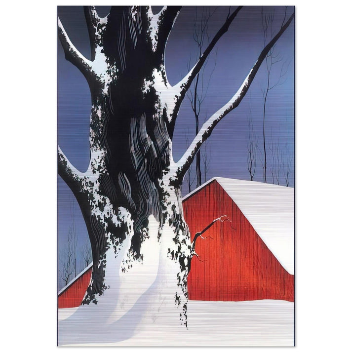 Red Barn and Tree Snow - Eyvind Earle Brushed Aluminum Print - 70x100 cm / 28x40 inches | Eyvind Earle Aluminum Print | Eyvind Earle Prints