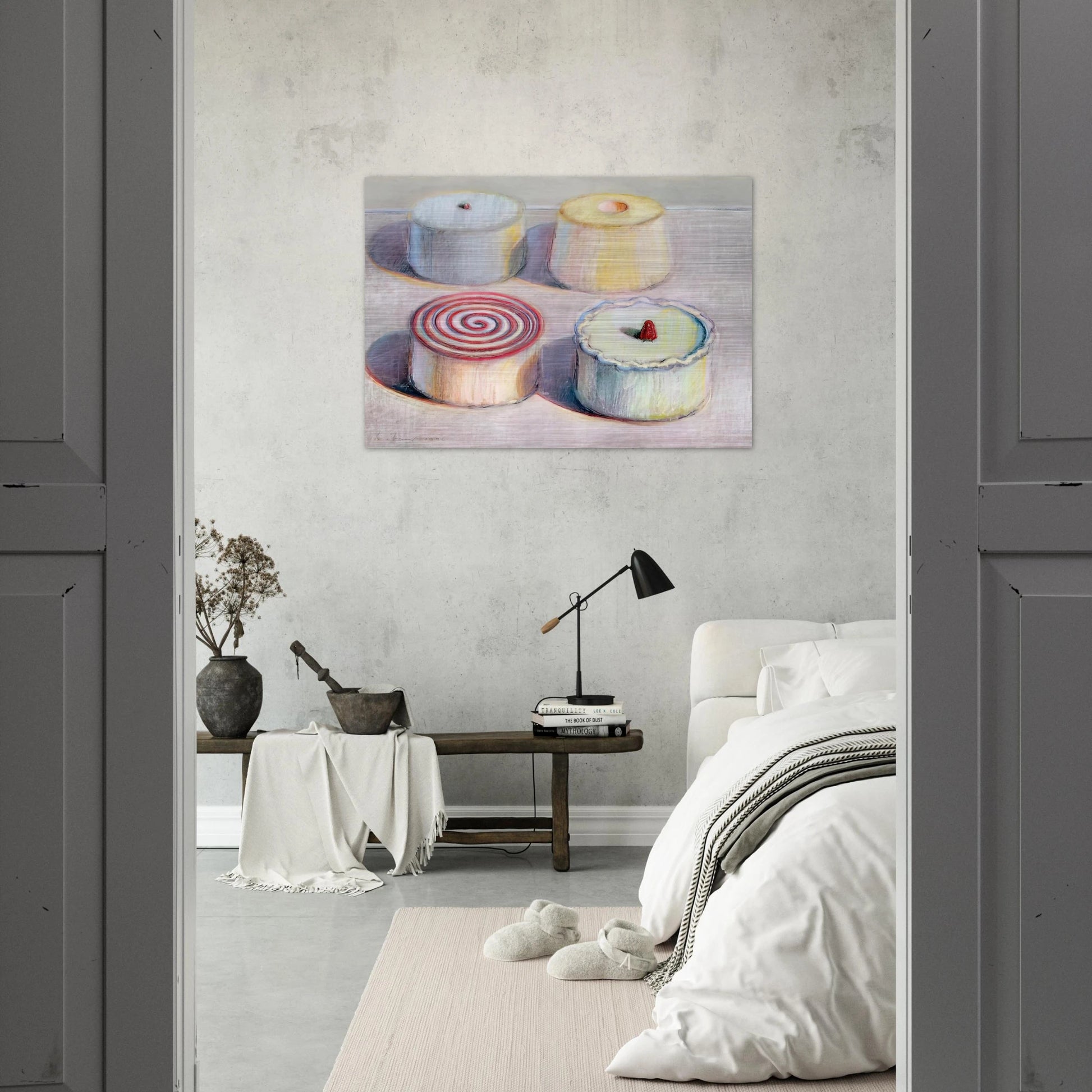 Four Cakes - 1996 - Wayne Thiebaud Brushed Aluminum Print - 70x100 cm / 28x40 inches | Wayne Thiebaud Aluminum Print | Wayne Thiebaud Prints