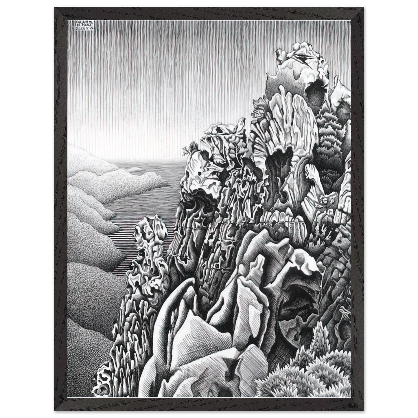 MC Escher - CALANQUES DE PIANA Wall Art - 60x80 cm / 24x32 inches - Premium Wooden Framed Poster With Fine Art Paper-canvas - White frame