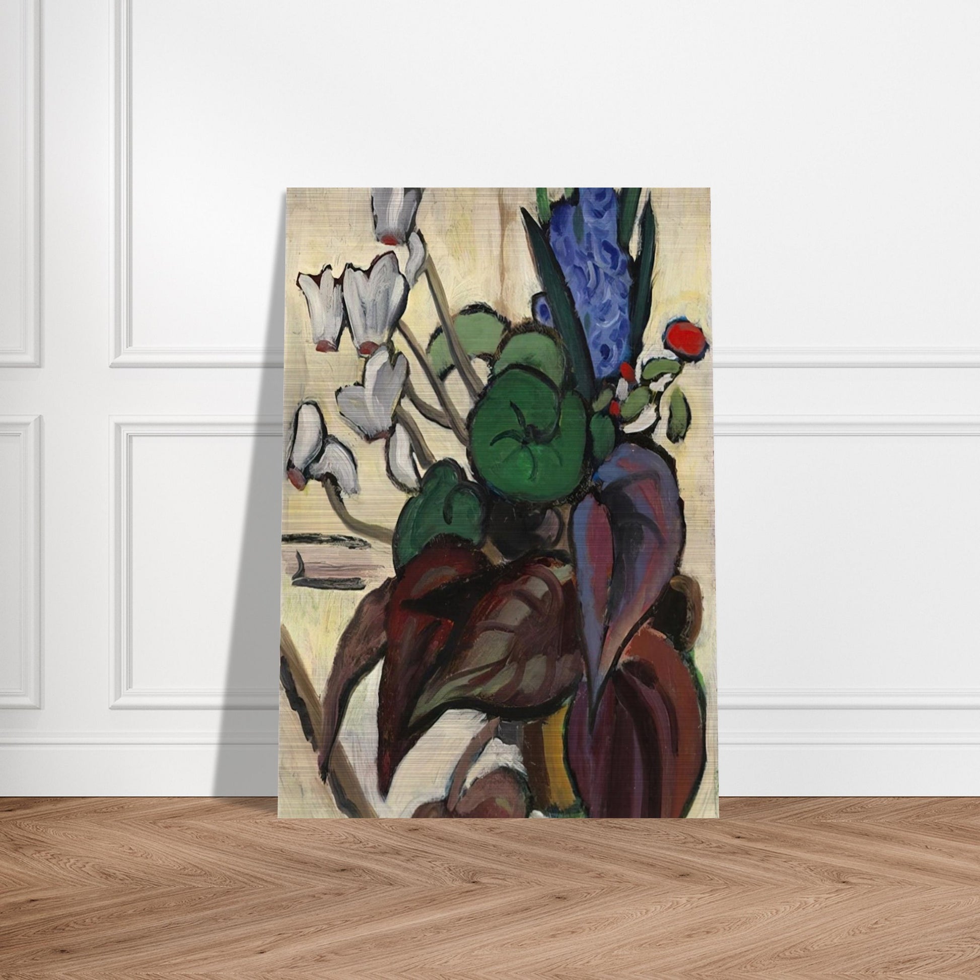 BLUMEN AUF WEI ZYKLAMEN UND HYAZINTHE 1934 - Gabriele Munter Brushed Aluminum Print - 70x100 cm / 28x40 inches | Gabriele Munter Aluminum Print | Gabriele Munter Prints