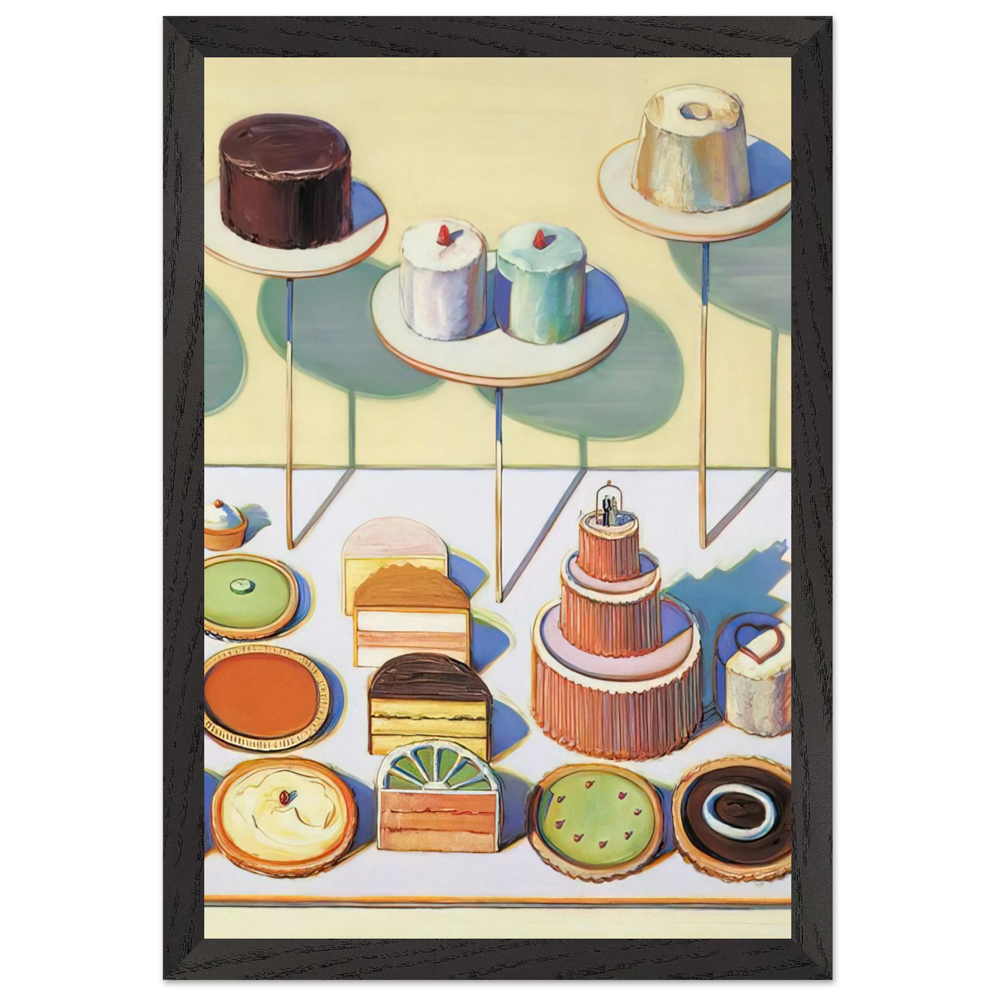 Wayne Thiebaud - Cakes and Pies - 1995 Wall Art - 30x40 cm / 12x16 inches - Premium Wooden Framed Poster With Fine Art Paper-canvas - White frame