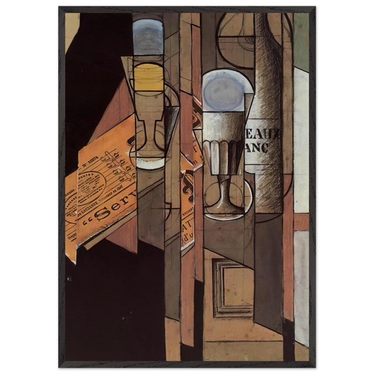 GLASSES NEWSPAPER AND BOTTLE OF WINE - Juan Gris 70x100 cm / 28x40 inches Framed Art Print – Black Wooden Frame
