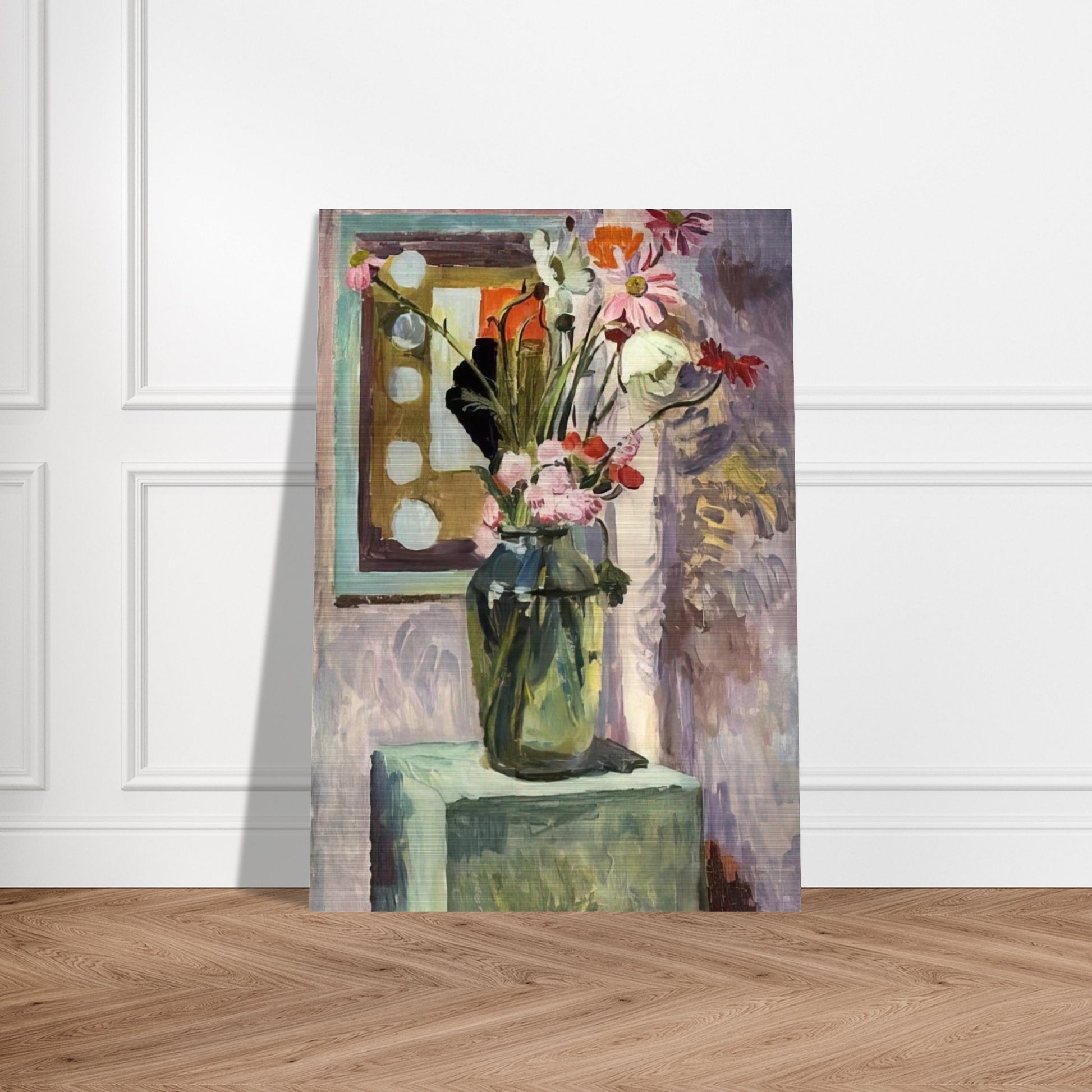 FLOWERS IN A GLASS VASE WITH ABSTRACT NEEDLEWORK DESIGN - Vanessa Bell Brushed Aluminum Print - 70x100 cm / 28x40 inches | Vanessa Bell Aluminum Print | Vanessa Bell Prints
