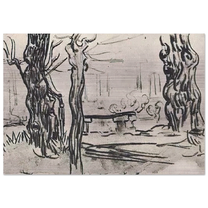 Garden of the Asylum and Tree Trunks and a Stone Bench - Vincent van Gogh Brushed Aluminum Print - 70x100 cm / 28x40 inches | Vincent van Gogh Aluminum Print | Vincent van Gogh Prints