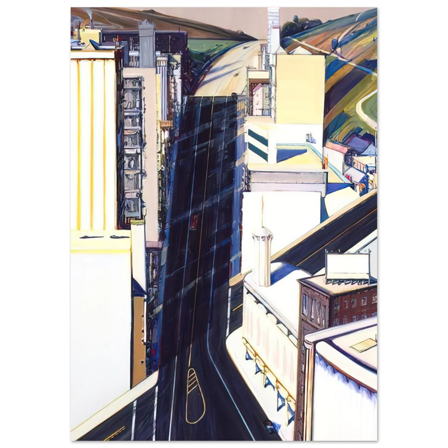 Wayne Thiebaud - Sunset Streets - 1985 Wall Art - 21x29.7 cm / 8x12" - Premium Wooden Framed Poster With Fine Art Paper - Wood frame