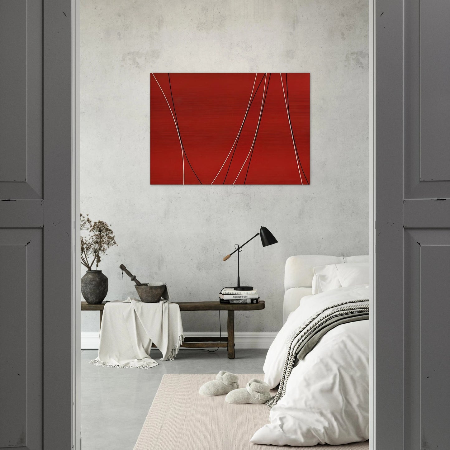 Untitled Black and White Lines on Red Background - 1965 - Lorser Feitelson Brushed Aluminum Print - 70x100 cm / 28x40 inches | Lorser Feitelson Aluminum Print | Lorser Feitelson Prints