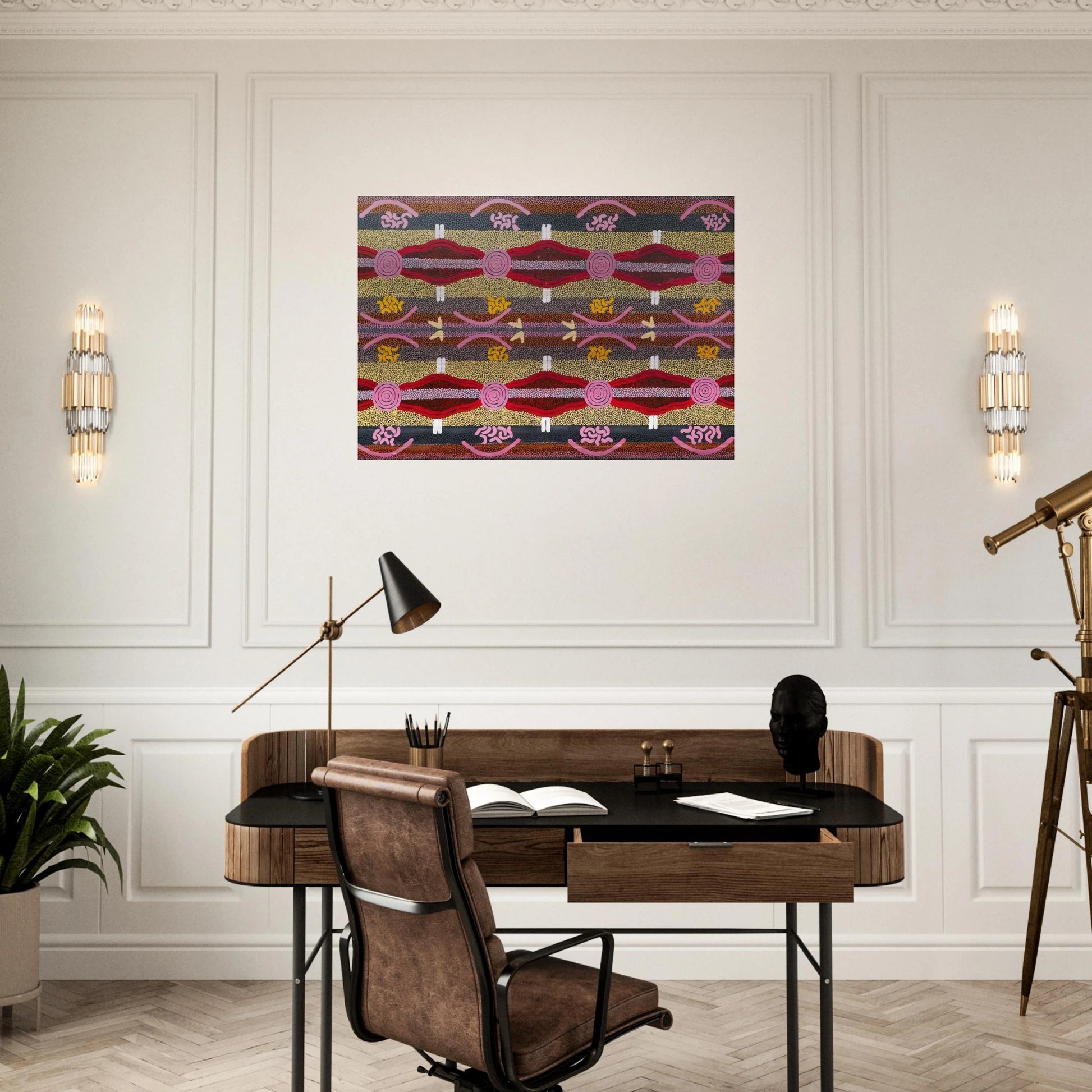 Rock Wallaby  Lightning Dreaming, Mount Wedge - 1995 - Clifford Possum Tjapaltjarri Brushed Aluminum Print - 70x100 cm / 28x40 inches | Clifford Possum Tjapaltjarri Aluminum Print | Clifford Possum Tjapaltjarri Prints