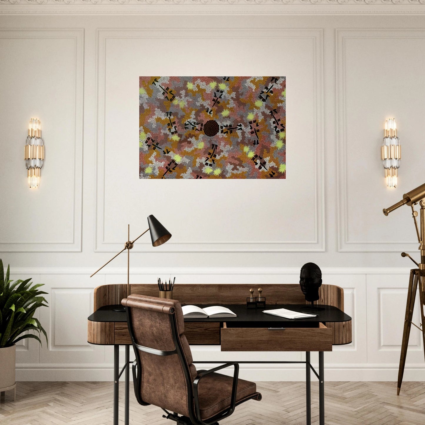 Kangaroo Dreaming, Mt. Dennison - 1989 - Clifford Possum Tjapaltjarri Brushed Aluminum Print - 70x100 cm / 28x40 inches | Clifford Possum Tjapaltjarri Aluminum Print | Clifford Possum Tjapaltjarri Prints