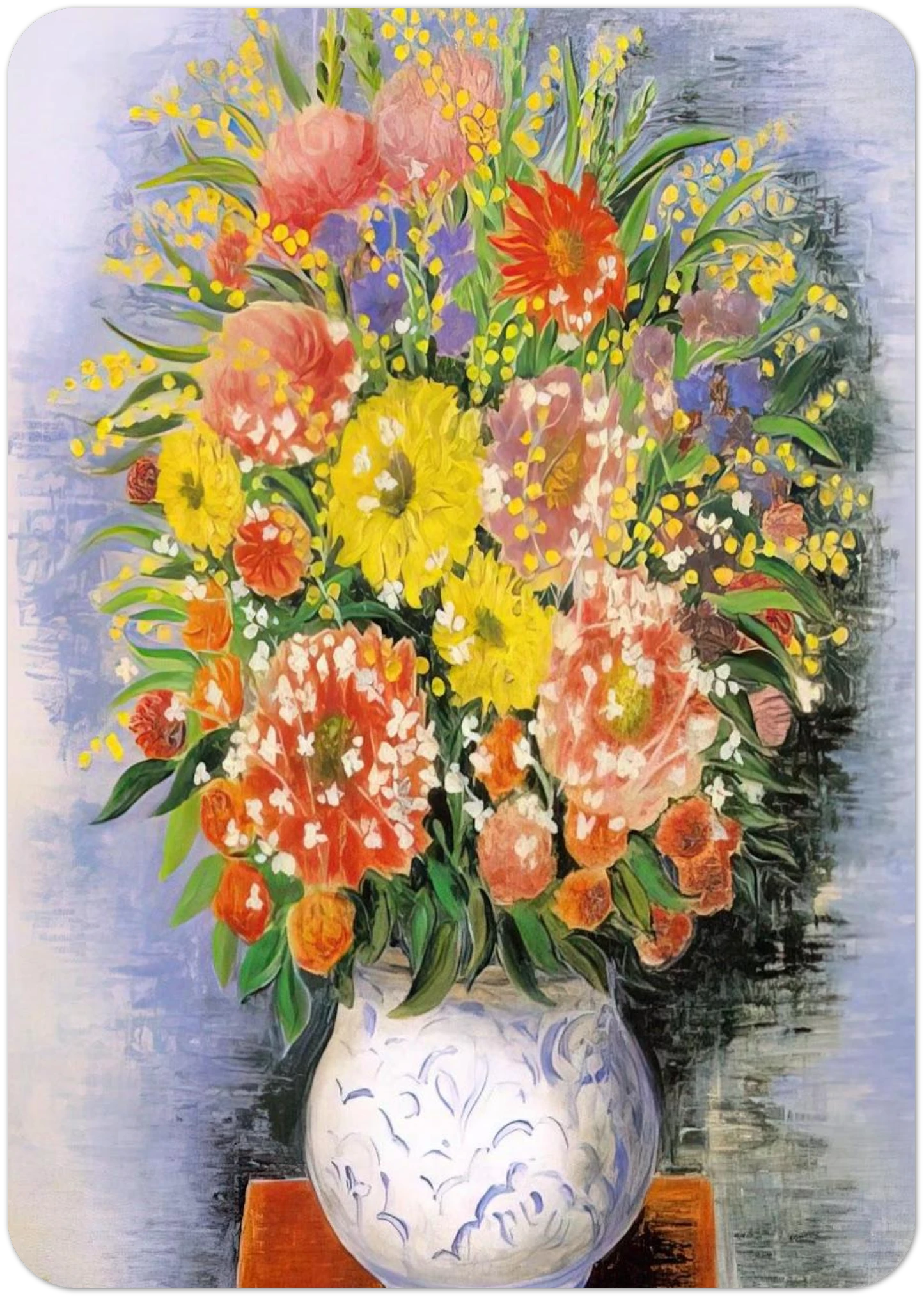 BOUQUET OF VARIOUS FLOWERS AND MIMOSA By Moise Kisling Pack of 10 Post Cards | Moise Kisling Post Cards | A6 (10.5 x 14.8 cm) - 4.1 x 5.8 inches