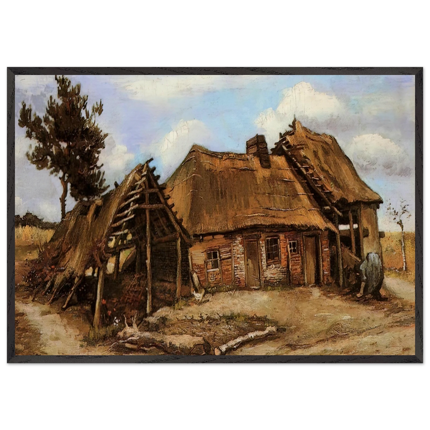 Cottage with Decrepit Barn and Stooping Woman - Vincent van Gogh 70x100 cm / 28x40 inches Framed Art Print – Black Wooden Frame