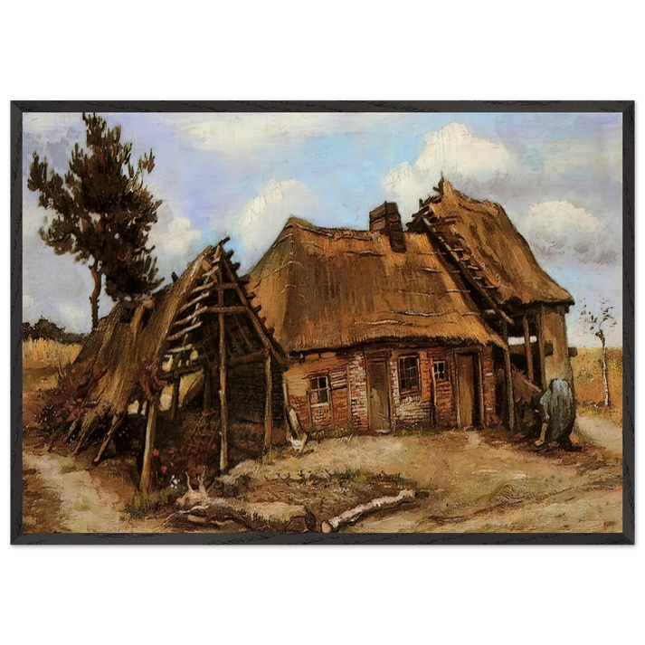 Cottage with Decrepit Barn and Stooping Woman - Vincent van Gogh 70x100 cm / 28x40 inches Framed Art Print – Black Wooden Frame