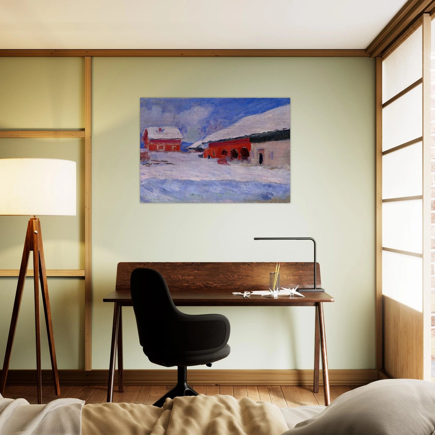 Red Houses at Bjornegaard in the Snow, Norway - claude monet Brushed Aluminum Print - 70x100 cm / 28x40 inches | claude monet Aluminum Print | claude monet Prints