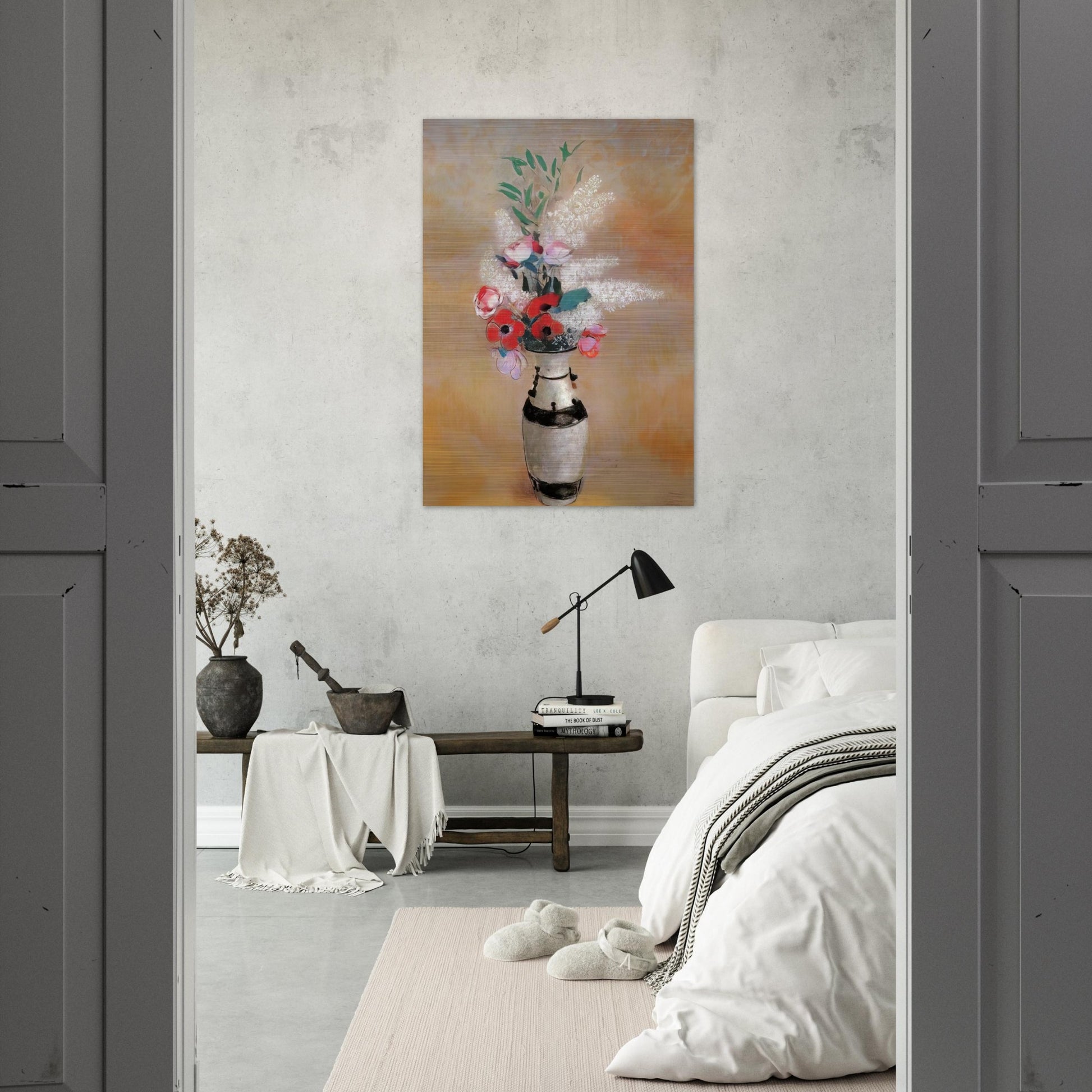 BOUQUET WITH WHITE LILIES IN A JAPANESE VASE - Odilon Redon Brushed Aluminum Print - 70x100 cm / 28x40 inches | Odilon Redon Aluminum Print | Odilon Redon Prints