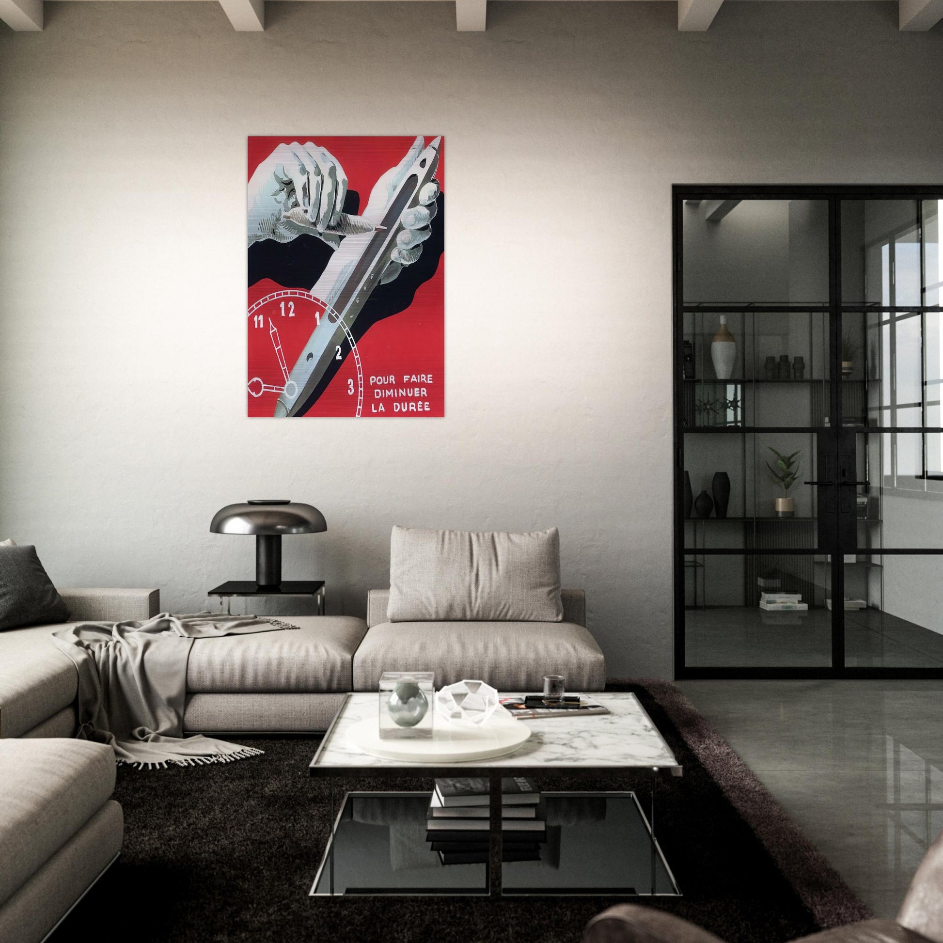 PROJECT OF POSTER THE CENTER OF TEXTILE WORKERS IN BELGIUM TO REDUCE WORKING HOURS 1938 - Rene Magritte Brushed Aluminum Print - 70x100 cm / 28x40 inches | Rene Magritte Aluminum Print | Rene Magritte Prints