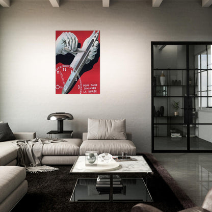 PROJECT OF POSTER THE CENTER OF TEXTILE WORKERS IN BELGIUM TO REDUCE WORKING HOURS 1938 - Rene Magritte Brushed Aluminum Print - 70x100 cm / 28x40 inches | Rene Magritte Aluminum Print | Rene Magritte Prints
