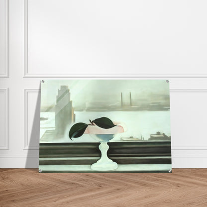 Pink Dish and Green Leaves - Georgia O'Keeffe Acrylic Print - 70x100 cm / 28x40″ inches | Georgia O'Keeffe Wall Art | Georgia O'Keeffe Prints