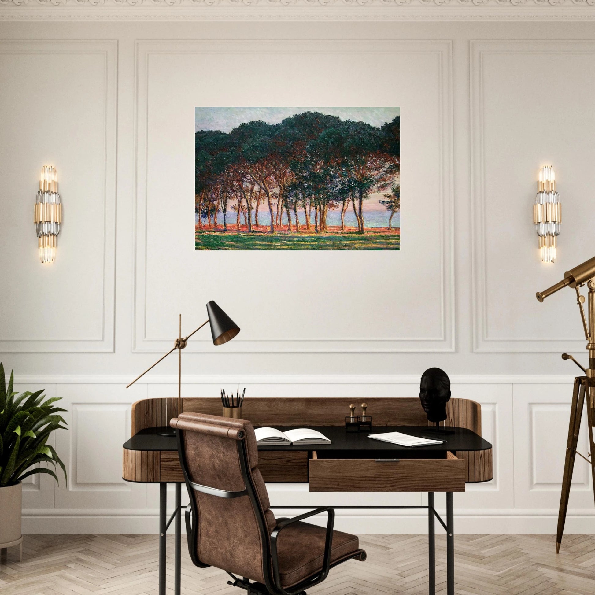Under the Pine Trees at the End of the Day - claude monet Brushed Aluminum Print - 70x100 cm / 28x40 inches | claude monet Aluminum Print | claude monet Prints
