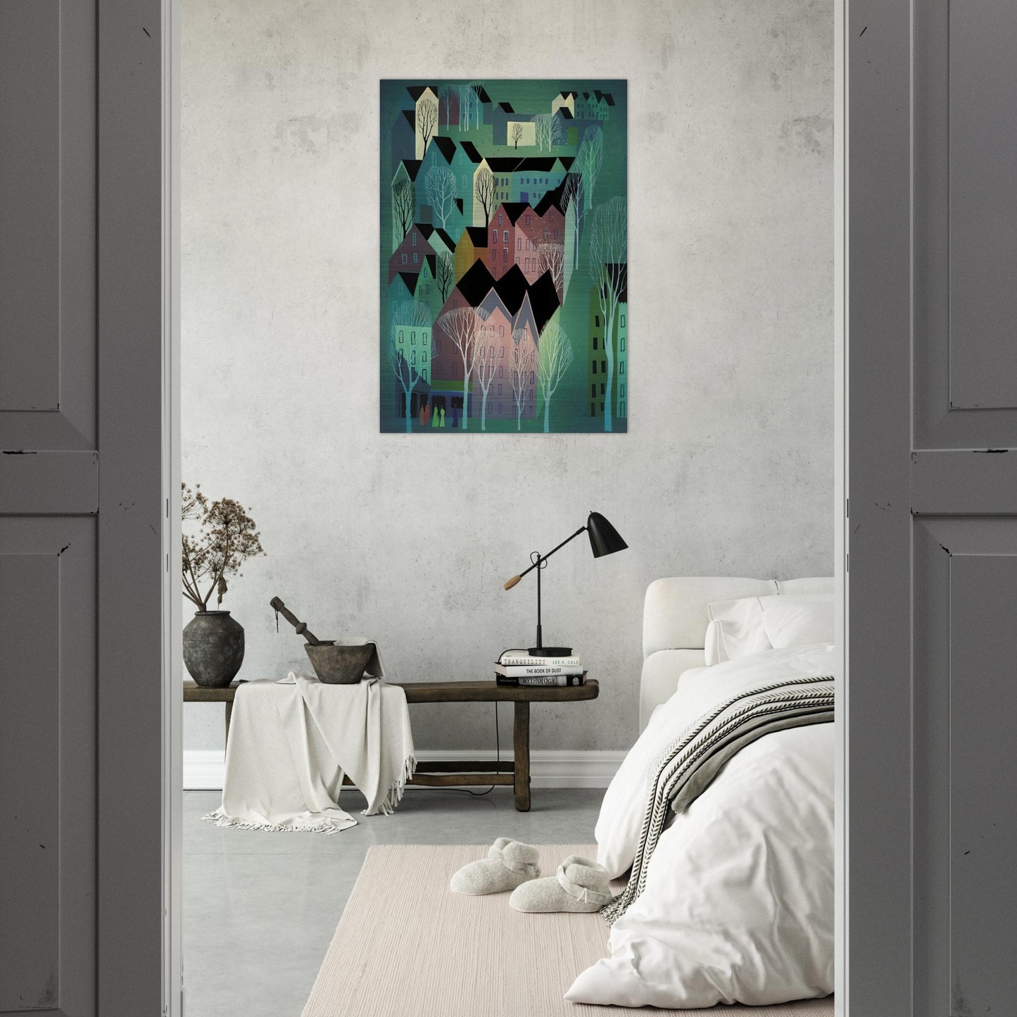 Village - Eyvind Earle Brushed Aluminum Print - 70x100 cm / 28x40 inches | Eyvind Earle Aluminum Print | Eyvind Earle Prints