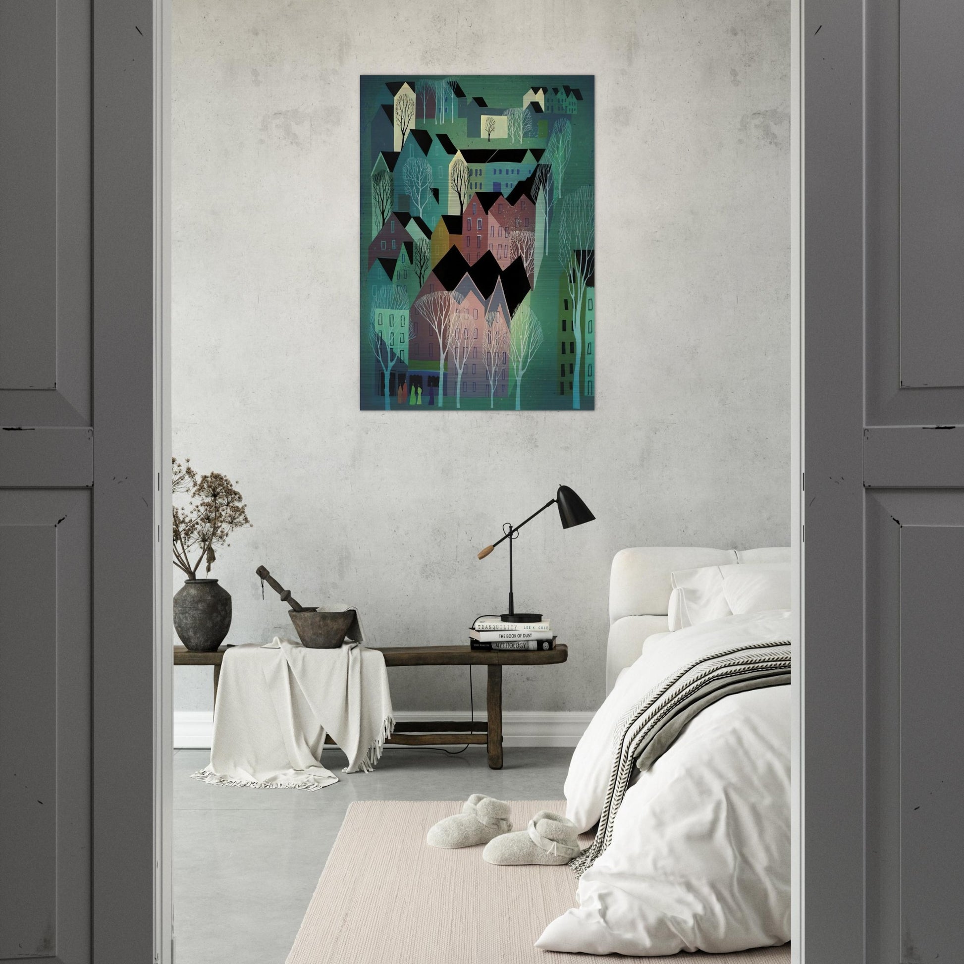 Village - Eyvind Earle Brushed Aluminum Print - 70x100 cm / 28x40 inches | Eyvind Earle Aluminum Print | Eyvind Earle Prints