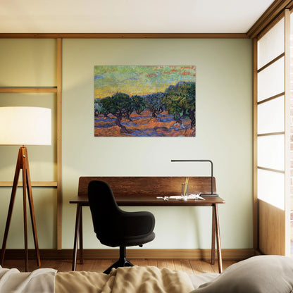 Olive Grove - Orange Sky - Vincent van Gogh Brushed Aluminum Print - 70x100 cm / 28x40 inches | Vincent van Gogh Aluminum Print | Vincent van Gogh Prints
