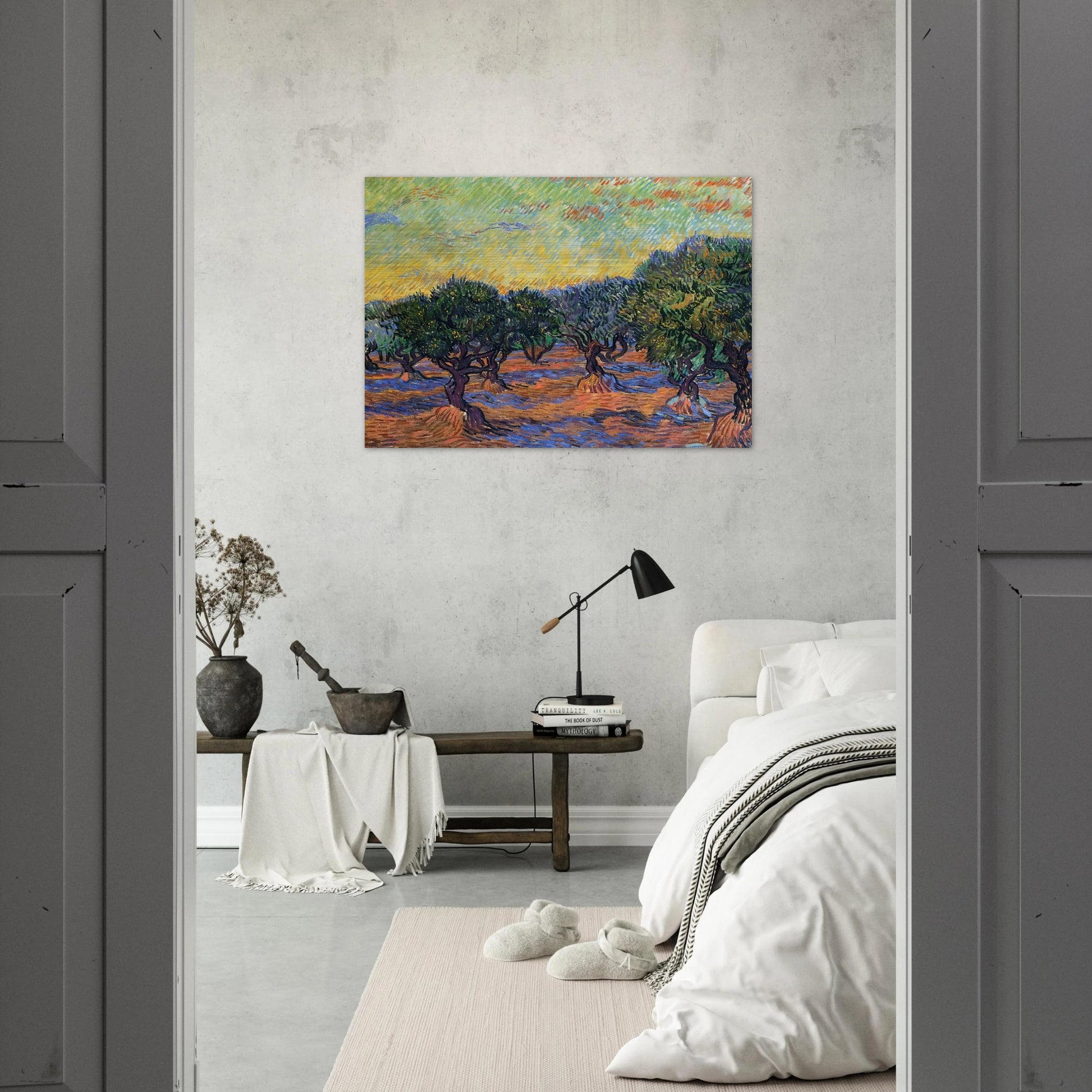 Olive Grove - Orange Sky - Vincent van Gogh Brushed Aluminum Print - 70x100 cm / 28x40 inches | Vincent van Gogh Aluminum Print | Vincent van Gogh Prints