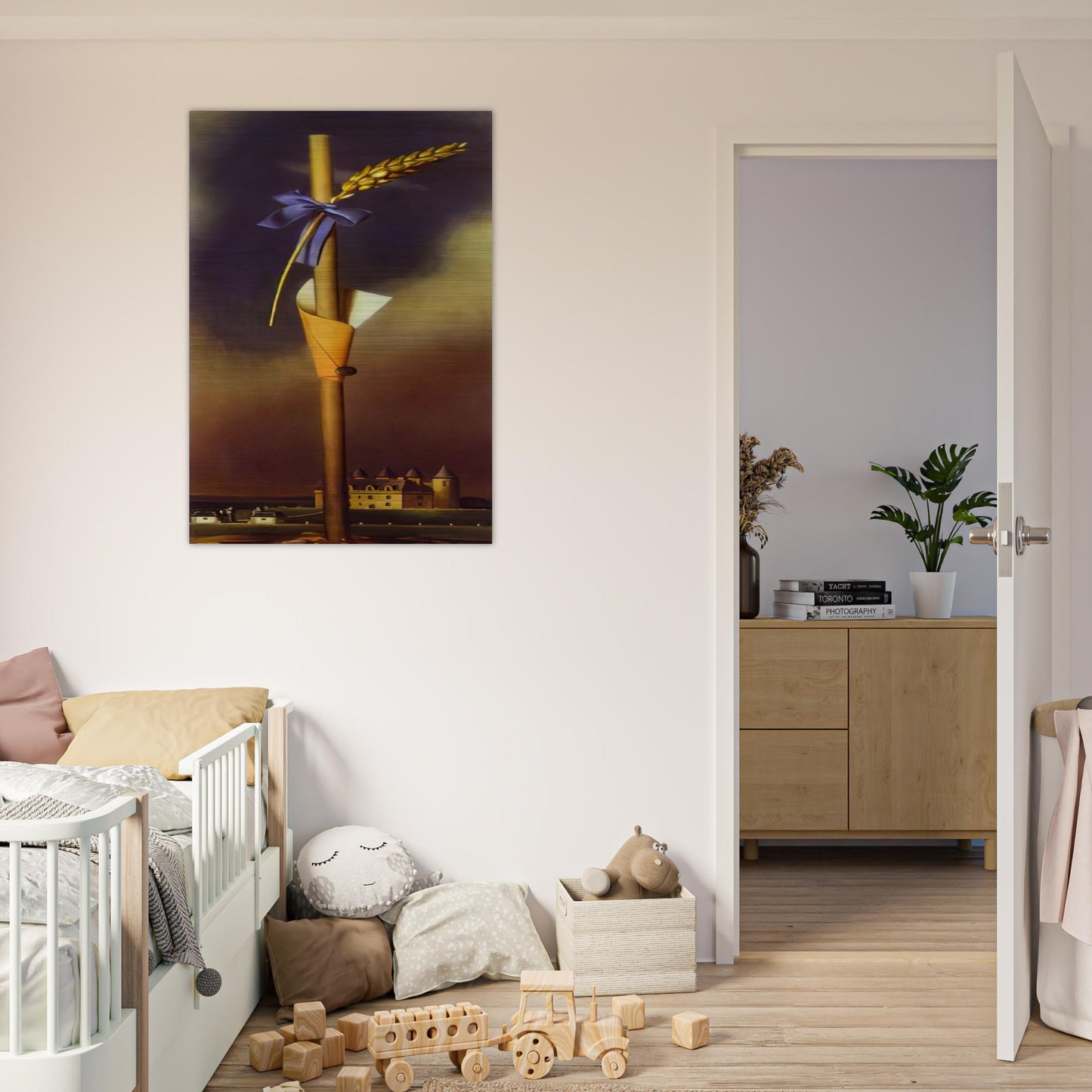 BLUE KNOT AND EAR OF WHEAT NEXT TO THE CASTLE - Salvador Dali Brushed Aluminum Print - 70x100 cm / 28x40 inches | Salvador Dali Aluminum Print | Salvador Dali Prints