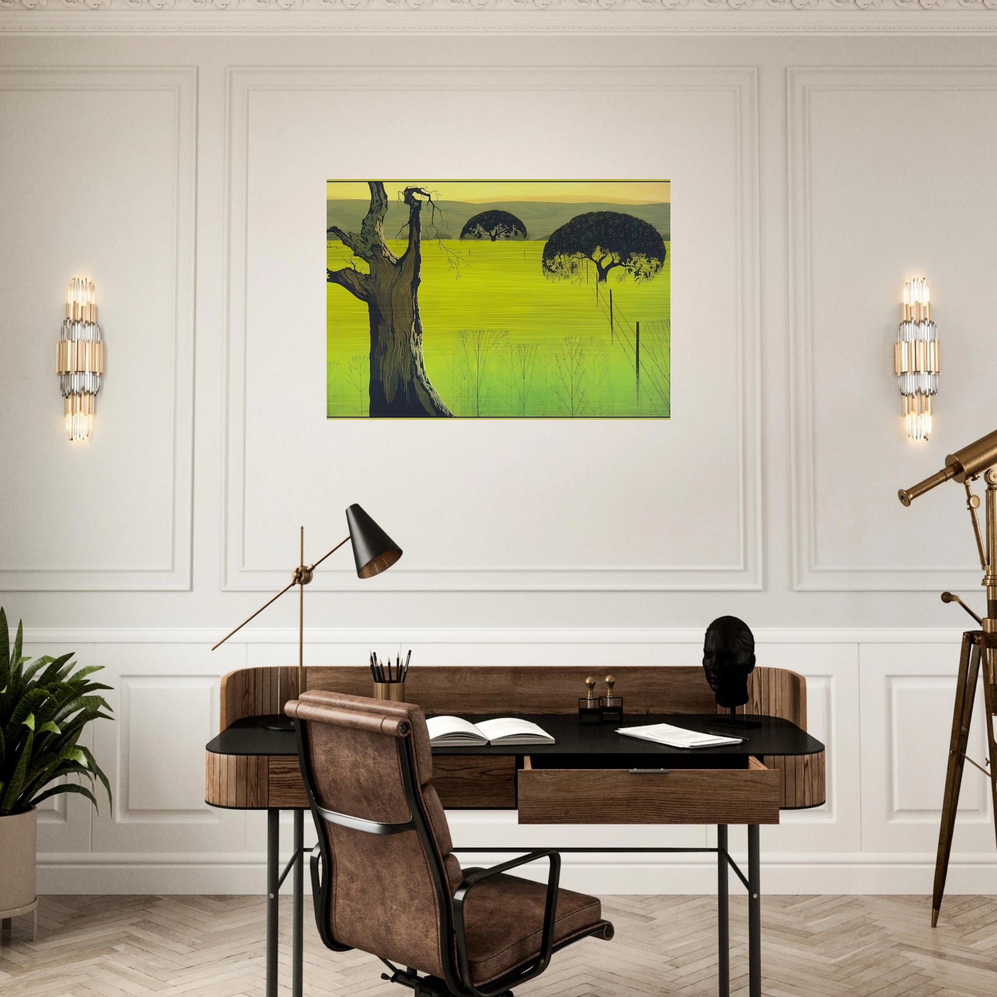 Mustard Field - Eyvind Earle Brushed Aluminum Print - 70x100 cm / 28x40 inches | Eyvind Earle Aluminum Print | Eyvind Earle Prints