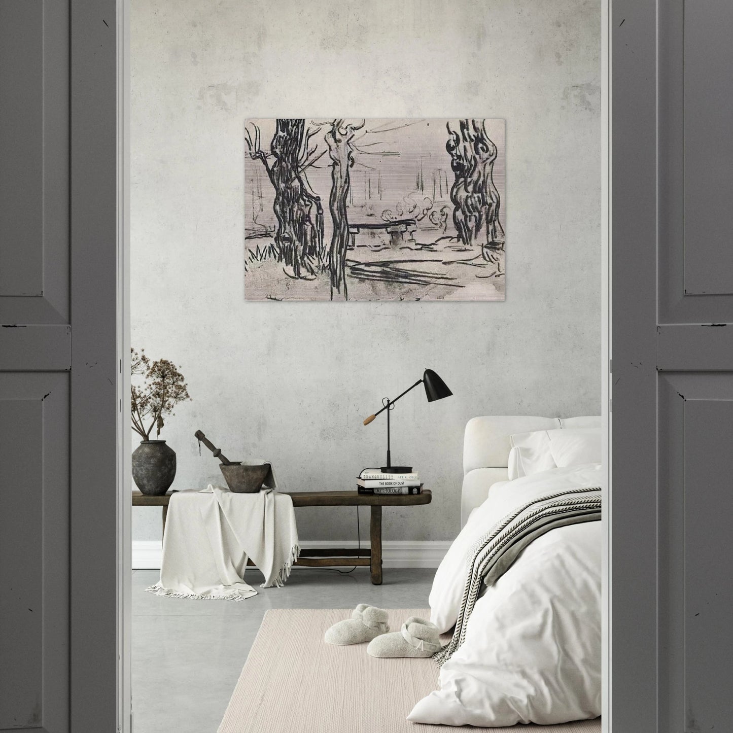 Garden of the Asylum and Tree Trunks and a Stone Bench - Vincent van Gogh Brushed Aluminum Print - 70x100 cm / 28x40 inches | Vincent van Gogh Aluminum Print | Vincent van Gogh Prints